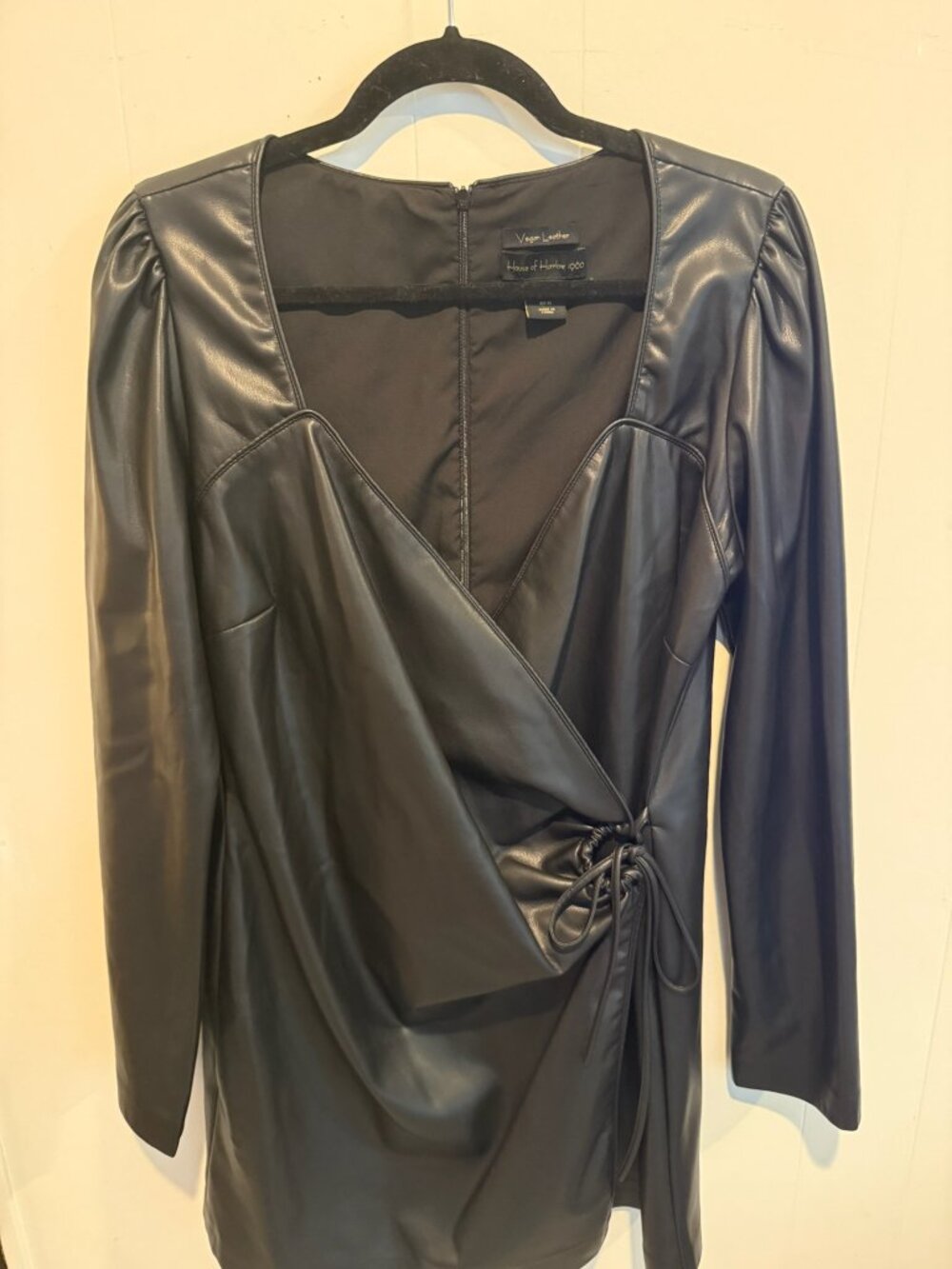 House of Harlow 1960 Vegan Leather Long Sleeve Wrap Tie Dress Black XL